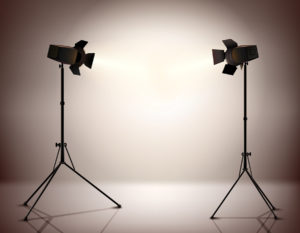 Standing strobe tripods electrical spotlights professional photograph equipment realistic background vector illustration