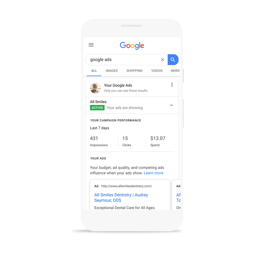 mobile phone displaying a companys google ad reporting dashboard