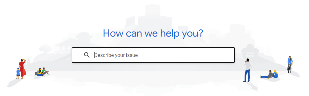 Google search bar with the ask, "How can we help you?" above it
