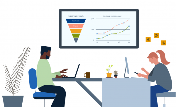 Illustration of two people working at a desk and seeing a marketing funnel graphic on the monitor above them